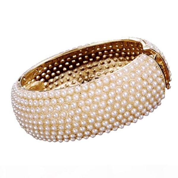 

luxury pearl bracelets spring wide cuff bangle gold alloy bead bracelet for women wedding bride bangles jewelry gifts wholesale, Golden;silver