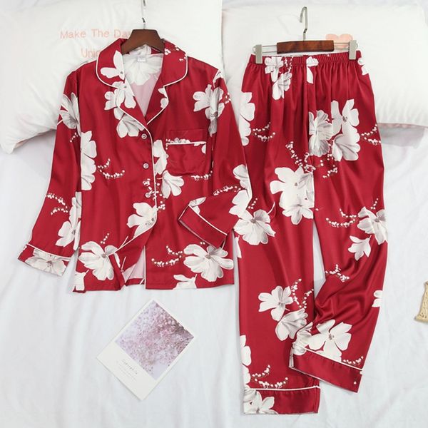 

njite new comfortable can be worn outside home clothes long sleeve trousers simulated home clothes simulation pajamas silk printing women&#0, Blue;red