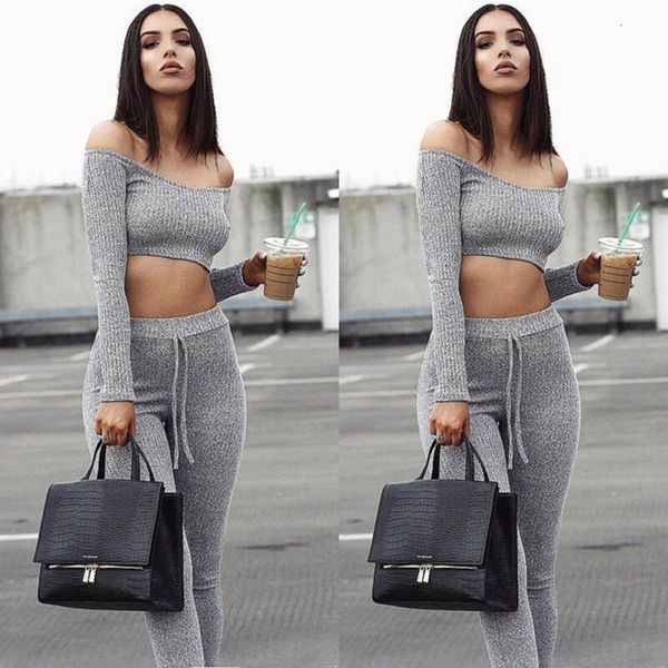 

2019 new fashion womens set off shoulder long sleeve crop lace up long pant solid color 2pcs casual slim early autumn set, Gray
