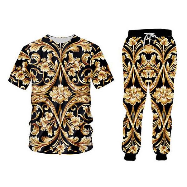

new fashion couples men women gold flower funny 3d print casual creative streewear two piece set ( shirts + pants, White;black