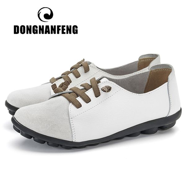 

dongnanfeng women's genuine leather mother ladies shoes flats loafers ballerina lace up soft moccains plus size 43 44 mx-052, Black