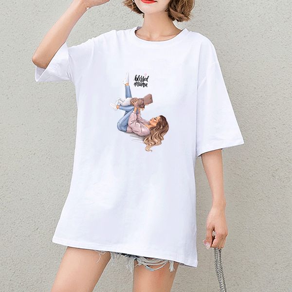 

женщины футболки ladys печать повседневная футболка мама младенца печать summer tops мода новый стиль tops lady прекрасный тройники ткань лу, White