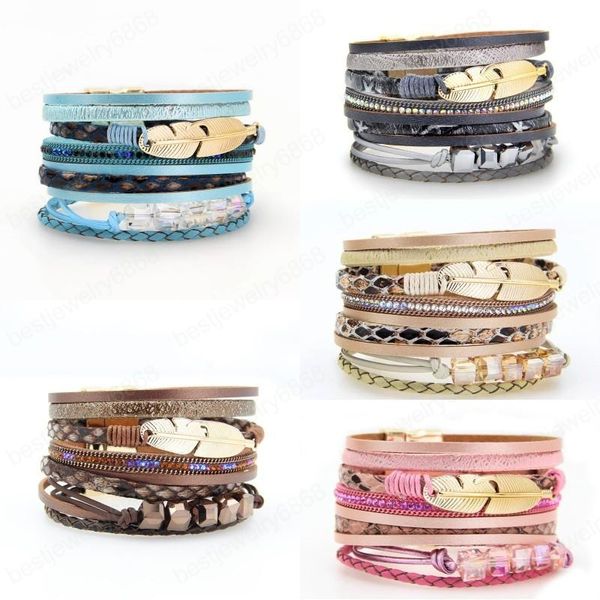 

5 colors women creative boho crystal feather pendant bracelets twine multilayer bangle bracelet female beaded bangle gifts, Golden;silver
