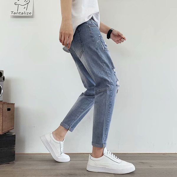 

men's jeans autumn and summer thin section trend society street tide brand hole male boy net red nine points pants loose harem, Blue