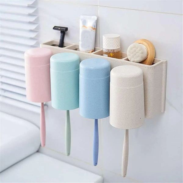 

multifunctional wheat straw 6 toothbrushes holder 2 cups suction stand home bathroom wall mount