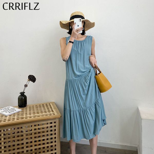

casual dresses summer sleeveless chiffon dress women o-neck solid tank mid calf crriflz, Black;gray