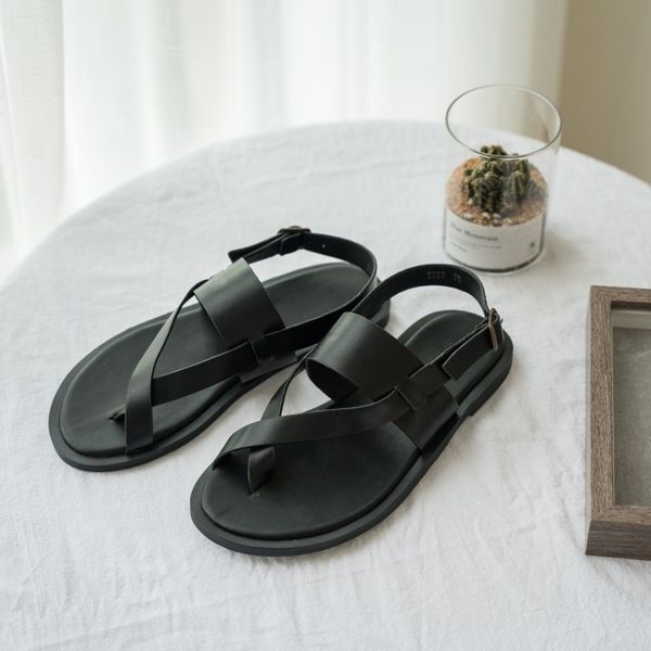 

100% summer real college leather sandals women casual flat sandals flip flops street black ladies rome gladiator shoes