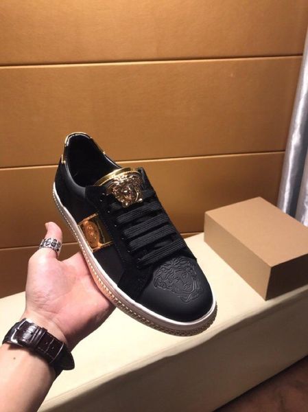

2020w high-end medusa embroidery and color matching men's leather casual low-sneakers, large size fashion lace-up sneakers, size: 3, Black