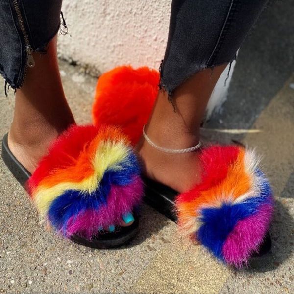

puimentiua women fashion imitation fur slippers female casual rainbow color fluffy slippers ladies daily flat shoes 2020, Black