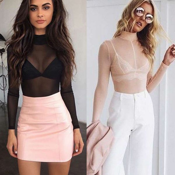 

women sheer mesh fish cap sleeve net long sleeve turtle neck t shirt female transparent see through black pink, White