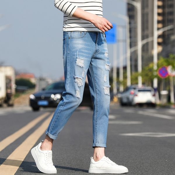 

men's 9-point and jeans trousers and jeans stretch trendy slim korean style ripped 9-point ankle pants all-match pants, Blue