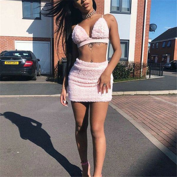 

pink plush two piece skirt set women bra crop and skirt matching sets summer club outfits festival women outfits, Gray