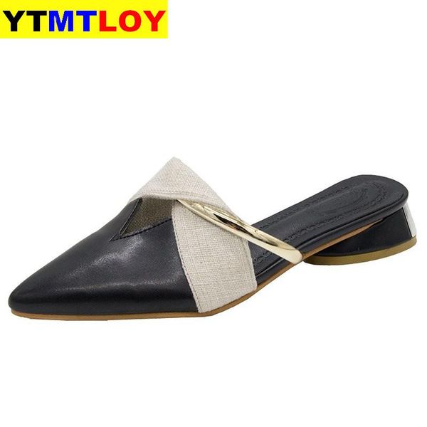 

elegant low heel women mules summer pointed-toe ladies slippers slip on leisure ladies office shoes beige pumps female, Black