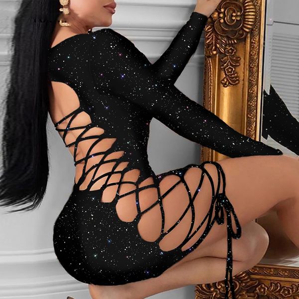 

glitter lace-up sequins dress bodycon dress women dress, Black
