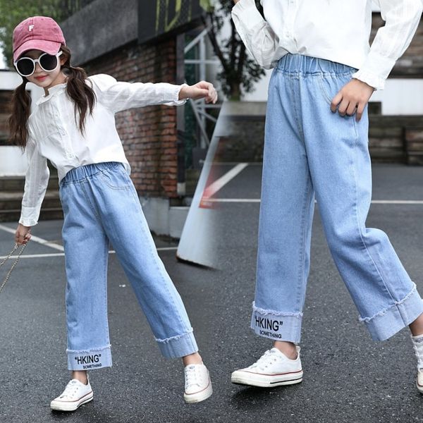 

джинсы осень износа девушки джинсы носить детскую 2019 новый корейский стиль модный иностранный стиль широкие ноги детей, Blue