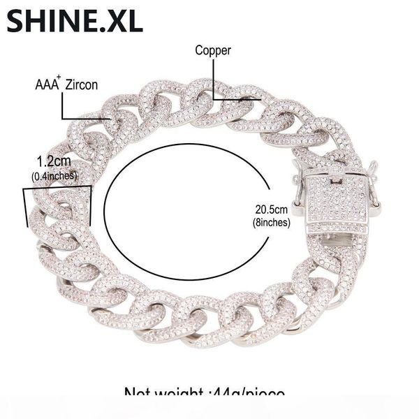 

12mm men's hip hop miami curb cuban bracelet gold silver iced out paved cubic zircon rapper big bracelet jewelry 8inch, Black