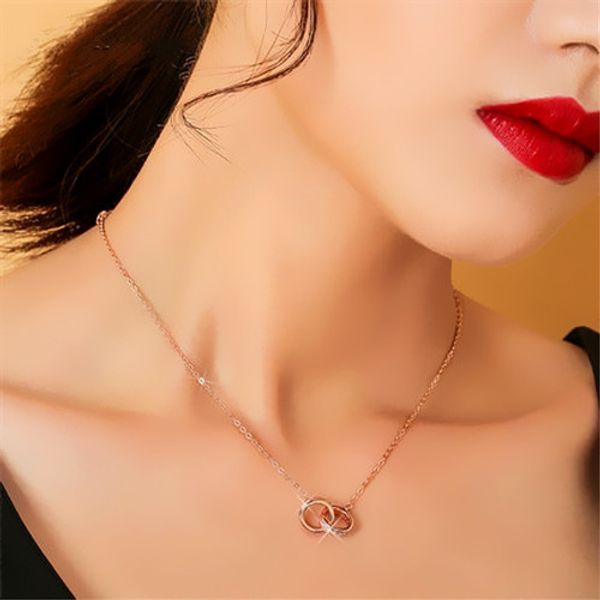 

daily collarbone chain necklace for women double circle round +cz gift for birthday party fashion jewelry kan041, Silver