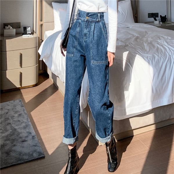 

stylish all-match straight curl pockets women streetwear jeans fashion loose high waist fresh office lady denim trousers, Blue