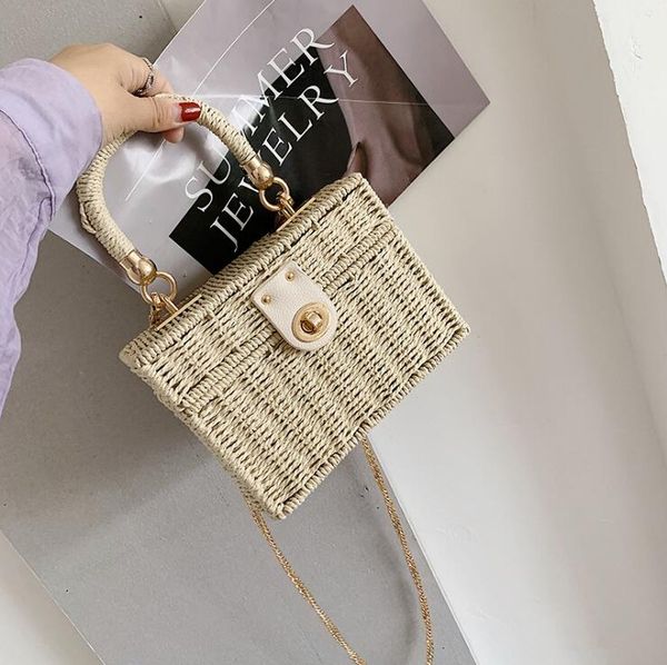 

factory wholesale women handbag summer new straw beach bag small fresh woven women chain bag joker hard box woven women messenger bag, Black;red