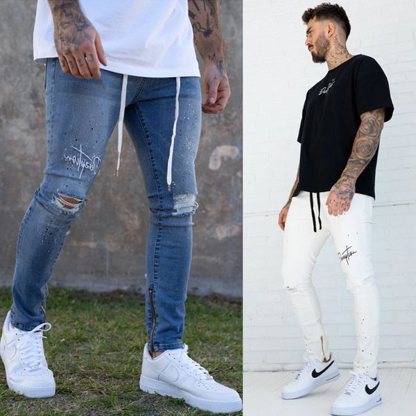 

new fashion men skinny jeans rip jeans ripped slim fit pant denim pant casual men long, Blue