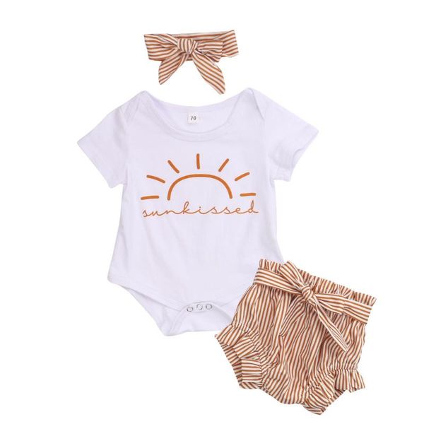 

citgeesummer 0-24m newborn baby girls creative sun short sleeve romper + sweet striped shorts+bow headwear outfit set, White