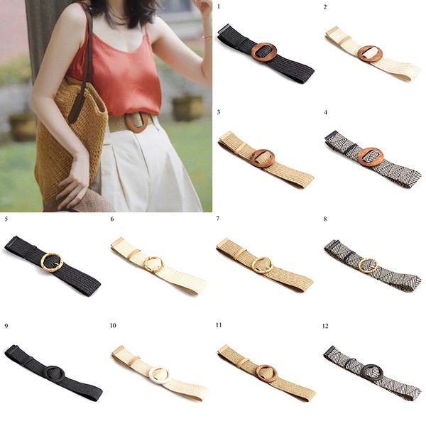 

new fashion geometric pattern belt pp straw woven belt bamboo round buckle women's decorative wild stretch pants dress, Black;brown