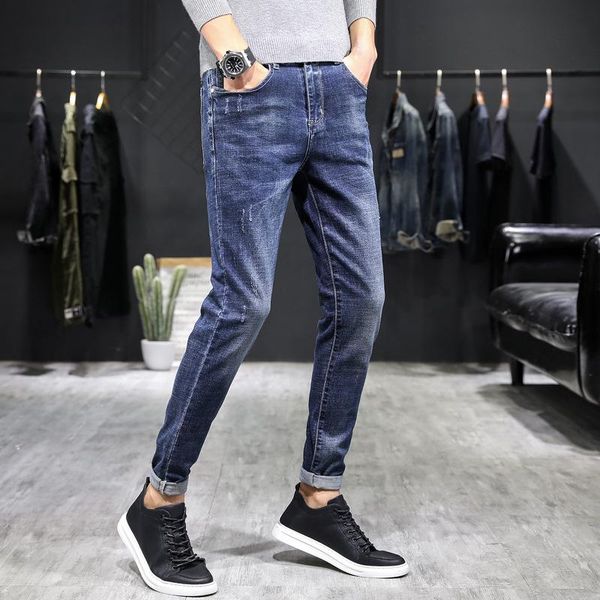 

men's jeans causal washed trousers slim straight denim pants, Blue