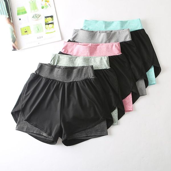 

women workout running 2 in 1 shorts yoga gym sport pants with liner color block high waist fitness training leggings, Black;blue