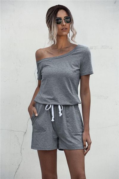 

summer womens rompers short sleeve drawstring shorts loose pure color womens designer jumpsuits off shoulder u neck, Black;white