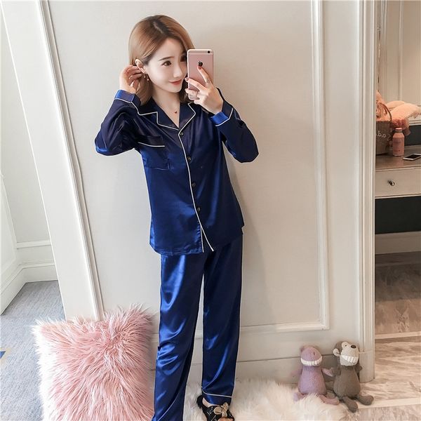 

korean season clothes home new long sleeve silk-like pajamas women's simple home clothes silk pajamas two-piece suit, Blue;red