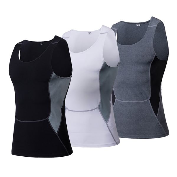 

3pc outdoor quick dry running vest training sleeveless workout vest fitness tights men sport suit gym man's t-shirt, Black;blue