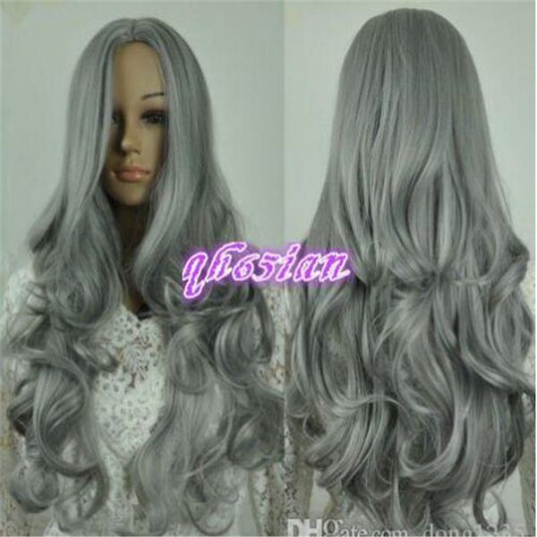 

women's long grey wavy curly natural cosplay hair wigs, Black