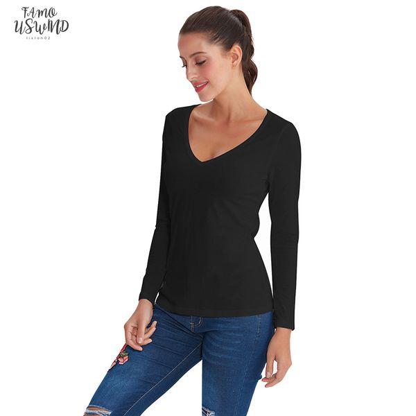 

autumn women v neck cotton t shirt plain solid long sleeve white casual female slim basic tees plus size