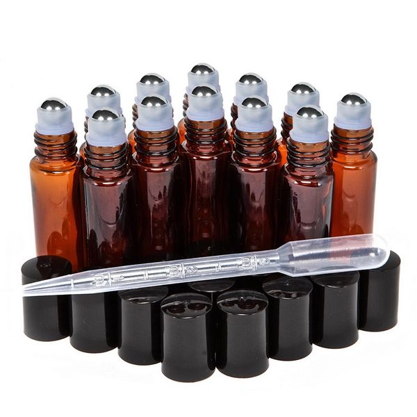 

12pcs 10ml amber empty refillable glass perfume roll on bottle with stainless steel roller ball for essential oil aromatherapy cx200729