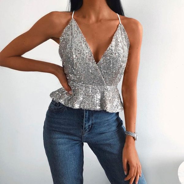 

sequin crop polyester women deep v neck dress backless bralette bustier club crop vest shirt streetwear women clothes, White