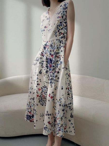 

100% cotton women's dress v-neck high waist floral print sleeveless midi dress with pockets, Black;gray