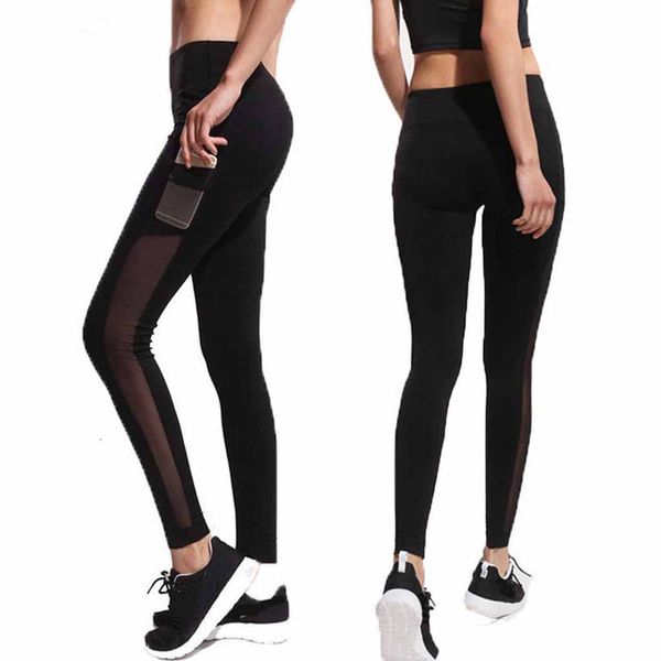 

leggings sport women fitness 100% cotton workout side pocket mesh stitching sports gym leggings women high waist push athletic trousers, Black