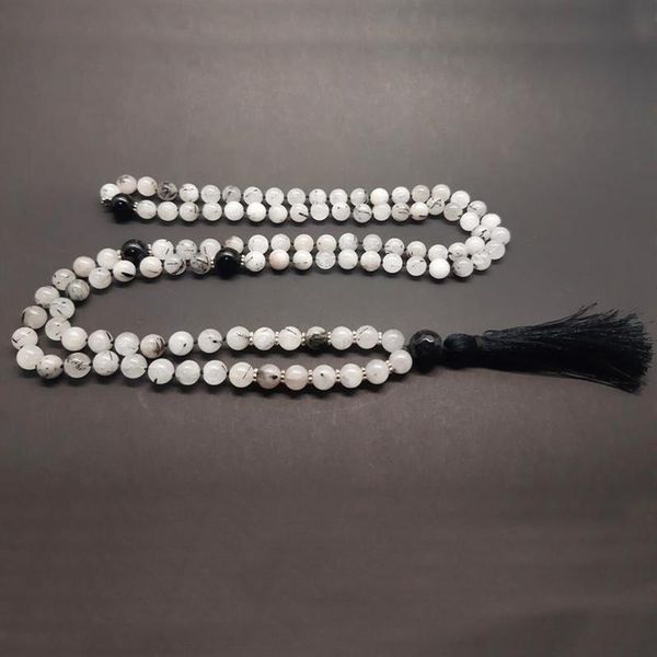 

108 mala beads women 8mm tourmalinated q-uartz beaded meditation necklace healing crystal energy necklace with black tassel t200113, Silver