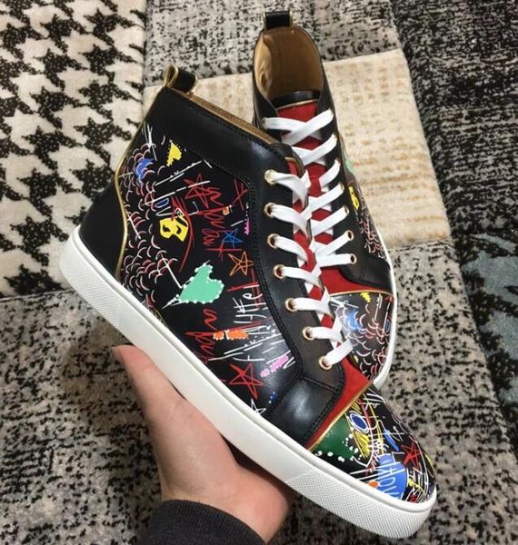 

perfect designer sneakers high red bottom shoes men's casual white,black graffiti leisure lace-up outdoor sports shoes eu35-47