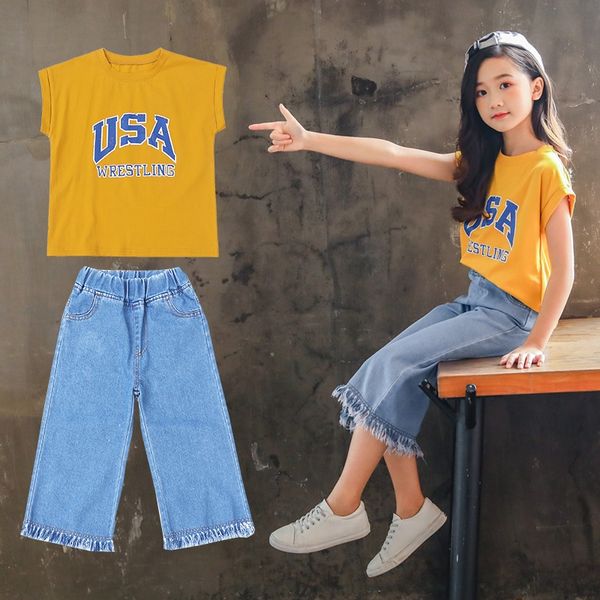 

7gpkx season 2020 new girl tassel denim wide leg medium and large children's and wide leg pants jeans seven-point jeans children's, Blue