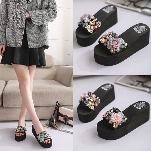 

women summer casual flat beach slippers female sequins flower beads slides shoes flat platform beach sandals, Black