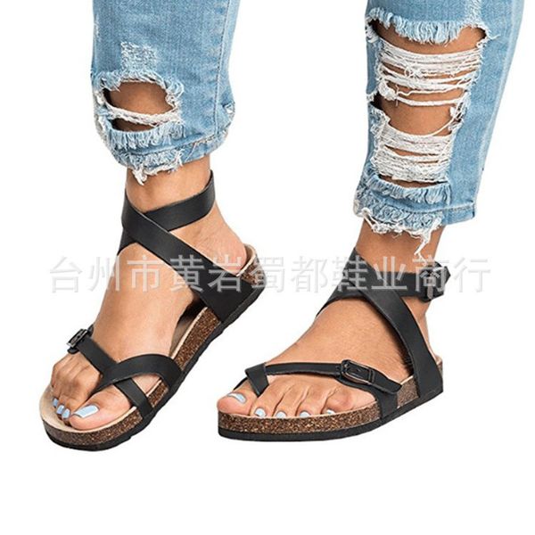 

style female europe and the united states big yards and 44 yards fish mouth shoes flat belt buckle roman sandals, Black
