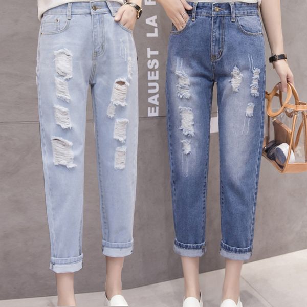 

women's jeans ripped 2021 summer korean-style harem pants loose straight high waist beggar feet capri-pants, Blue