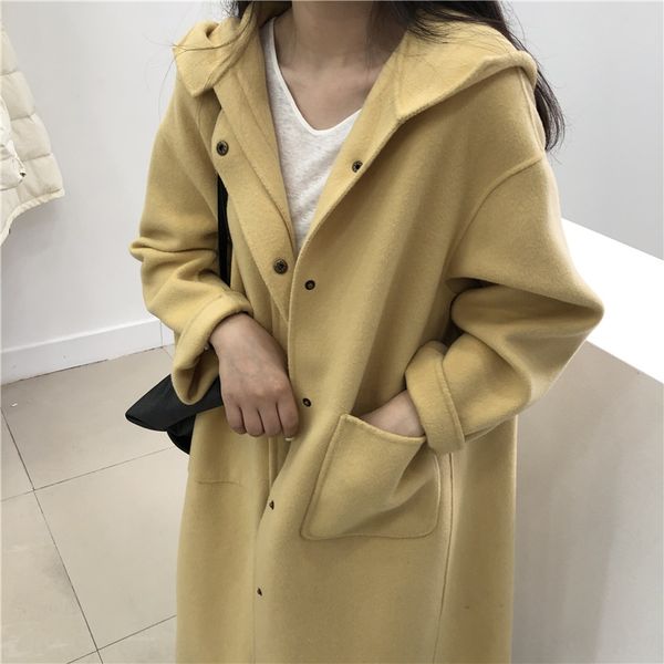 

cx1yc 2020 осень и зима woolwool шерсти нового двухстороннего кашемира пальто средней длина корейские женщины типа с капюшоном свободно шерс, Black