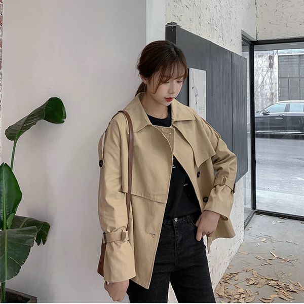 

2020 fashionable mulheres casacos khaki short gabardina mujer spring-autumn loose ropa coreana offcie lady causal windbreaker, Tan;black