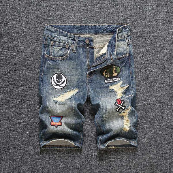 

newly designer fashion men jeans shorts retro blue patches designer destroyed denim shorts men summer hip hop ripped short jeans