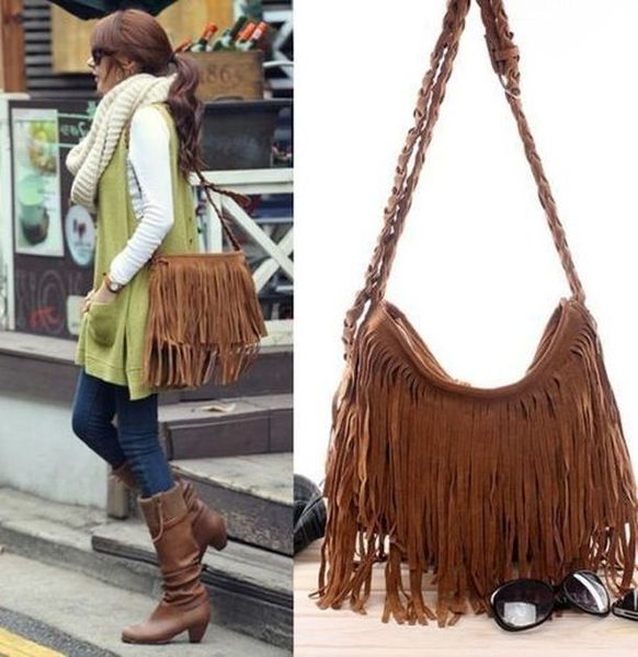 

women trending cross body plain bag tassel scrub faux suede fringe messenger plain shoulder handbag