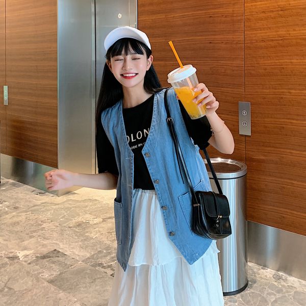 

women's loose denim 6969 women's loose denim vest vest 6969, Black;white