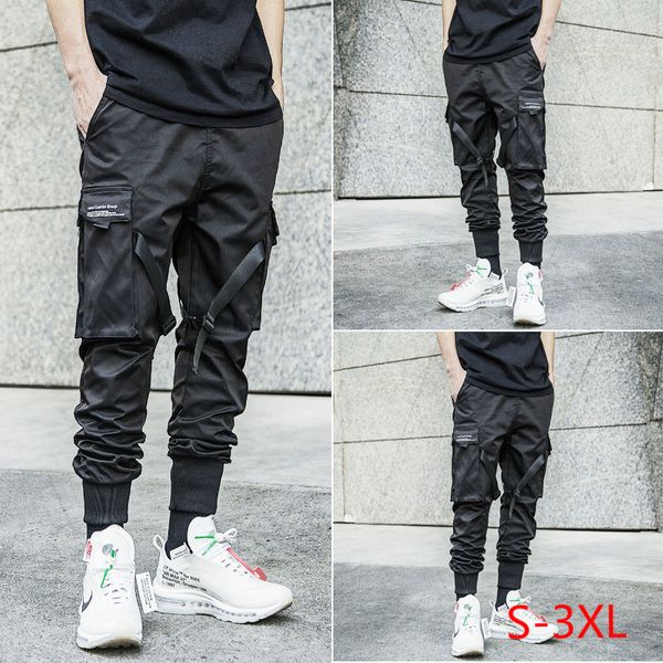 

2020 men cargo pants ribbons color block black pocket harem joggers harajuku sweatpants hip hop full length mid cotton pants