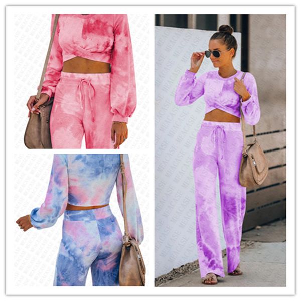 

дизайнер tie-краситель женщины tracksuit с длинным рукавом crop крест толстовка топы рубашки + свободными брюками двухкусочной моды спортивн, White
